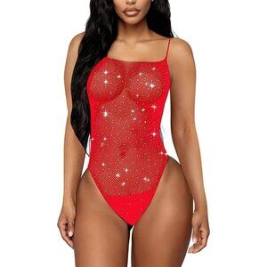 Women Red Lingerie Fishnet Teddy Sparkle Rhinestone One Piece Mesh Bodysuit